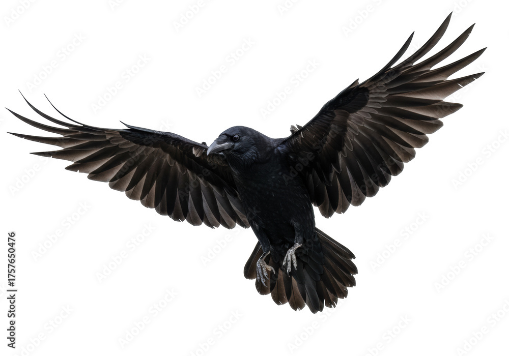 Fototapeta premium Majestic black raven flying isolated PNG, dark bird with outstretched wings on transparent background, wildlife and Halloween concept