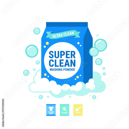 Powder detergent for super clean clothes, featuring soap bubbles and foam, a powdery cleaner design, and an ultra-clean soap sample for washing garments