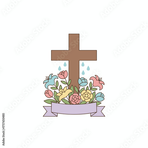 A floral cross suitable for Easter, baptism, christening, cards, paper, invitations, scrapbooking, textiles, wrapping, as well as Christian and funeral crosses