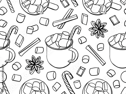 Christmas hot chocolate with marshmallows seamless pattern. Hot chocolate drinks Seasonal winter treats, hand drawn doodle vector illustration.