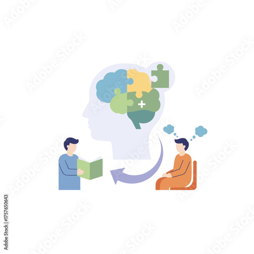 Vector illustration of a human head silhouette featuring a brain, mental health psychotherapy, bipolar concept, therapist and patient, and a sign symbol