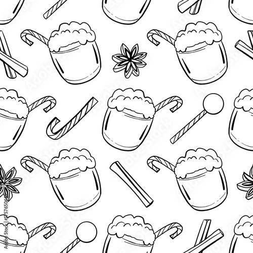 Eggnog Christmas and winter drinks seamless pattern. Doodle hand drawn food illustration for restaurant and cafe menu