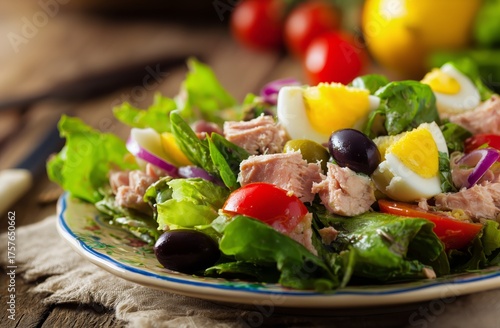Freshly Prepared Salad With Tuna, Vegetables, and Eggs Served on a Wooden Table