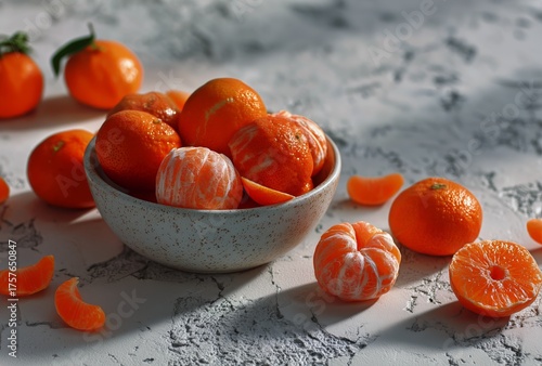 Fresh and Juicy Tangerines Arranged in a Bowl With Scattered Segments on a Te...
