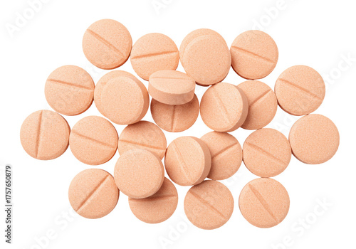 Pile of round peach pills isolated PNG on transparent background, medication tablets for health and pharmaceutical use
