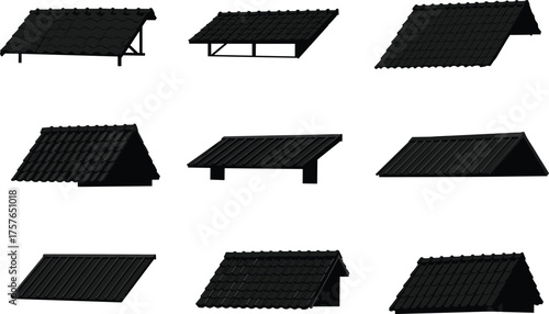 Roof design silhouettes, architectural roof styles, gable roof, flat roof, pitched roof, construction planning, building structure, architecture elements, housing design, engineering