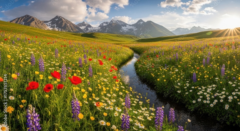 Obraz premium Vibrant Alpine Meadow with Wildflowers, Stream, and Snowy Mountains at Sunset