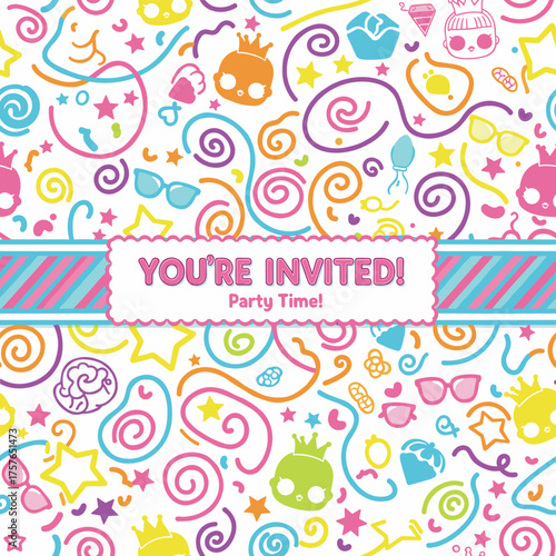 A seamless abstract background featuring line patterns, a decorative banner with a Lol surprise doll girlish theme, an invitation card template, and a bright, colorful seamless pattern