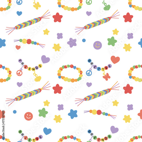 Kids jewelry featuring a seamless pattern, plastic beads embellishing handmade 90s-style pieces, including friendship bracelets and letter beads