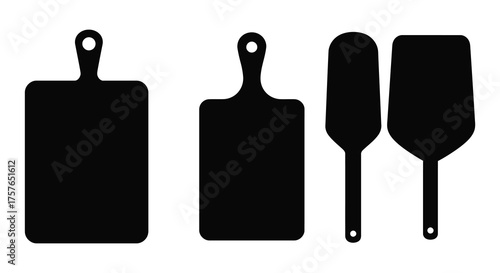 Collection of kitchen utensils including two rectangular cutting boards and two pizza peels in a simple black silhouette