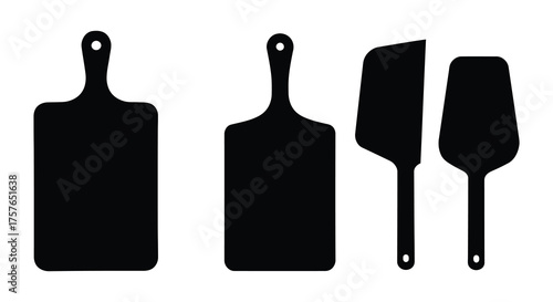 Collection of kitchen utensils including two rectangular cutting boards and two pizza peels in a simple black silhouette