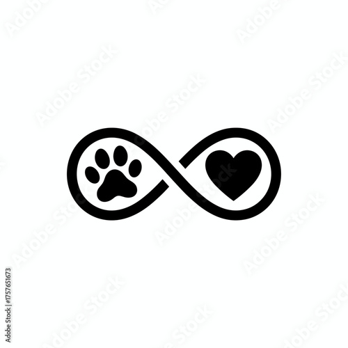 A stylized infinity sign featuring paw prints and a black heart, ideal for tattoo designs or animal-themed logos for pet shops, pet food, groomers, veterinarians, and dog sitters
