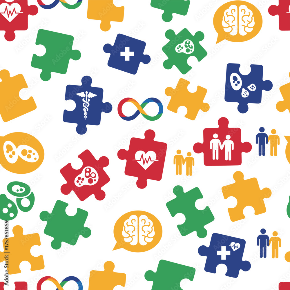 Fototapeta premium Background featuring a seamless pattern for World Autism Awareness Day, with colorful puzzle pieces, a symbol of autism, a flat medical illustration, and healthcare elements