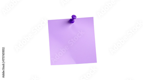 Purple sticky note or post it with a purple pushpin. Isolated on transparent background, png
