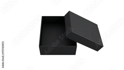 Open empty black gift box with a lid, luxury packaging mockup front view. Isolated on transparent background, png
