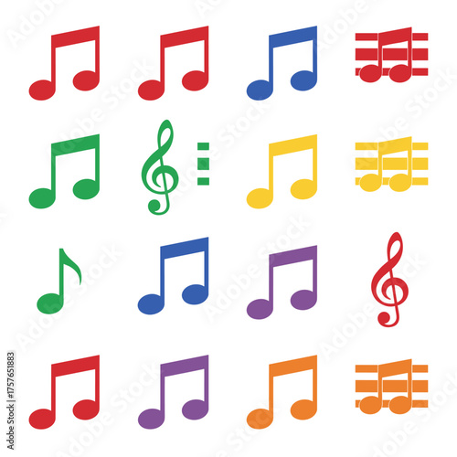 A set of colorful music note icons in various colors