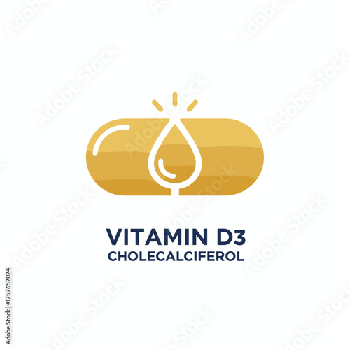 Golden pill capsule icon of vitamin D3 (cholecalciferol), featuring a shining droplet of golden essence for beauty treatment and skin nutrition