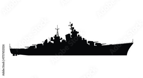 A stark black silhouette of a powerful naval battleship with multiple gun turrets and a detailed superstructure silhouette