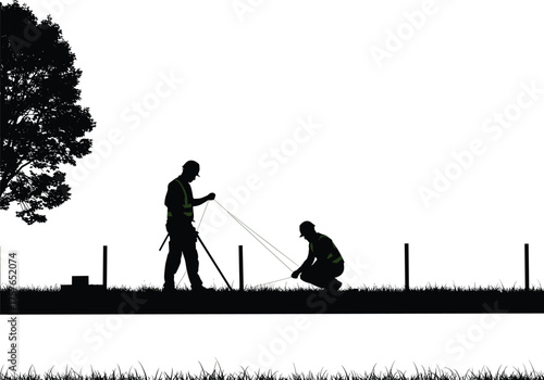 Surveyor silhouettes, land surveying, tripod equipment, measuring tape, GPS device, geospatial science, civil engineering, construction site, mapping, inspection, topography, fieldwork