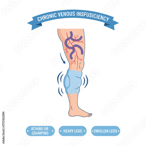 Symptoms include chronic venous insufficiency of the lower extremities, leg aching or cramping, a heavy feeling, varicose veins, dilated capillaries or spider veins, and swelling