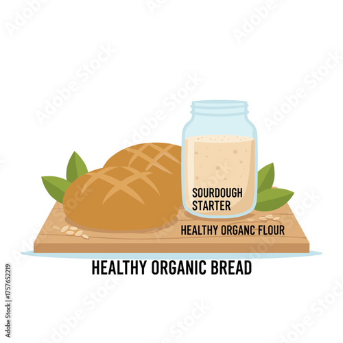 Sourdough bread and its starter, embodying a healthy diet concept, are made from whole‑grain rye flour and kept in a glass jar on the table, using a yeast‑free leaven starter for organic bread
