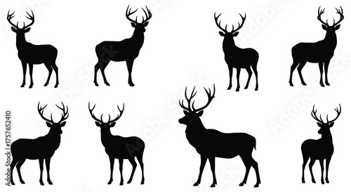 Collection of eight majestic deer silhouettes with antlers standing in various poses on a white background