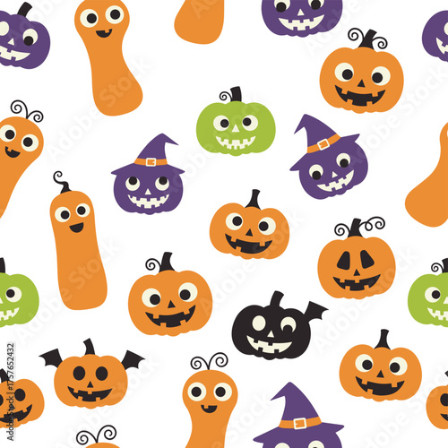 A continuous pattern featuring humorous pumpkin silhouettes and adorable Halloween pumpkins