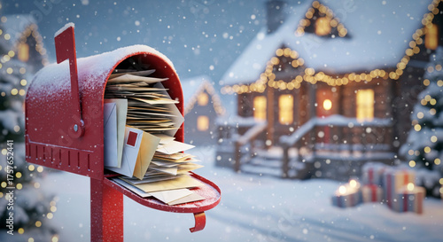 Red mailbox full of letters or Christmas cards in a snowy winter village scene with blurred houses and holiday lights.