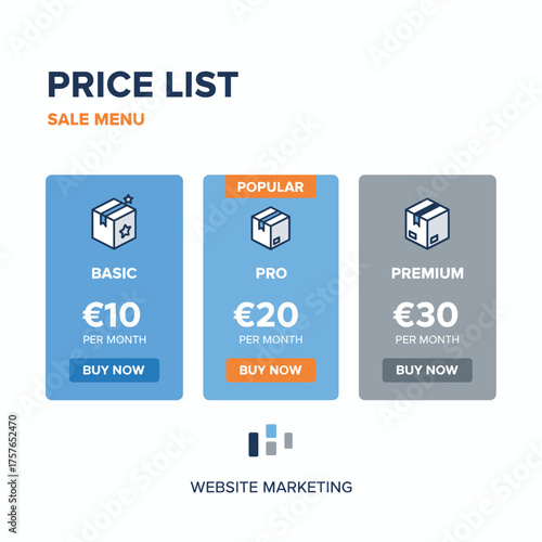 The price list includes a sale menu, a user interface panel with product price packages, a box featuring a “Buy Now” button, template design with UX/UI vector illustrations, pricing or subscription