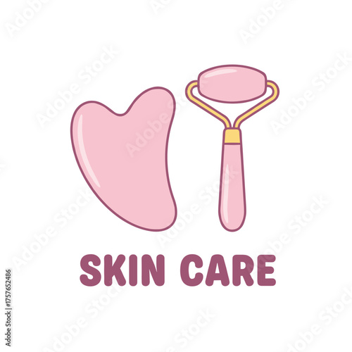 Pink gua sha roller face tool set featuring a cartoon illustration of a symbol for skin care