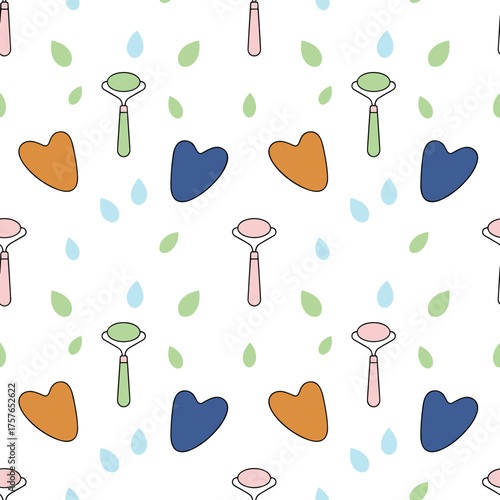 A seamless pattern featuring gua sha tools and face rollers, including a double‑headed roller, heart‑shaped scraper, and various facial massage rollers and gua sha massagers, rendered as a vector