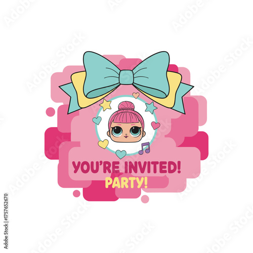 This invitation card template features an abstract pink background vector illustration, a decorative banner with a Lol surprise doll girlish style