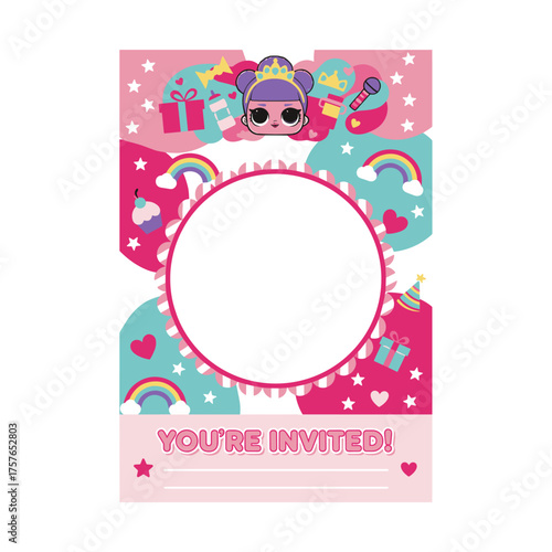 An abstract pink backdrop featuring tiny stars, a rainbow, and hearts, designed as a girlish Lol surprise doll-themed decorative banner and invitation card template