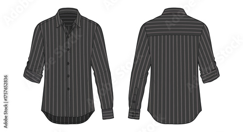 Front and back view of a dark striped long sleeve button down shirt in a clean silhouette