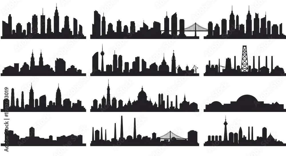 Obraz premium City Silhouette Vector Set Urban Skyline Panorama Collection, Modern and Classic Cityscape Borders, Black and White Skyline Illustration for Design and Architecture Projects