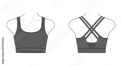 Front and back view of a dark gray sports bra with thin straps and a crisscross back design rendered in a clean silhouette style