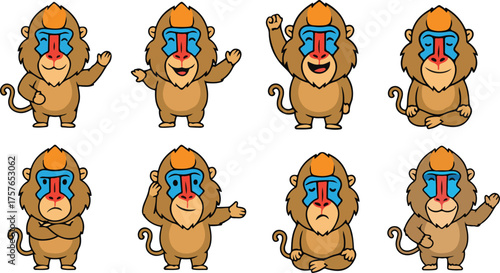 vector illustration of mandrill funny cute cartoon mascot character cartoon with 8 poses 