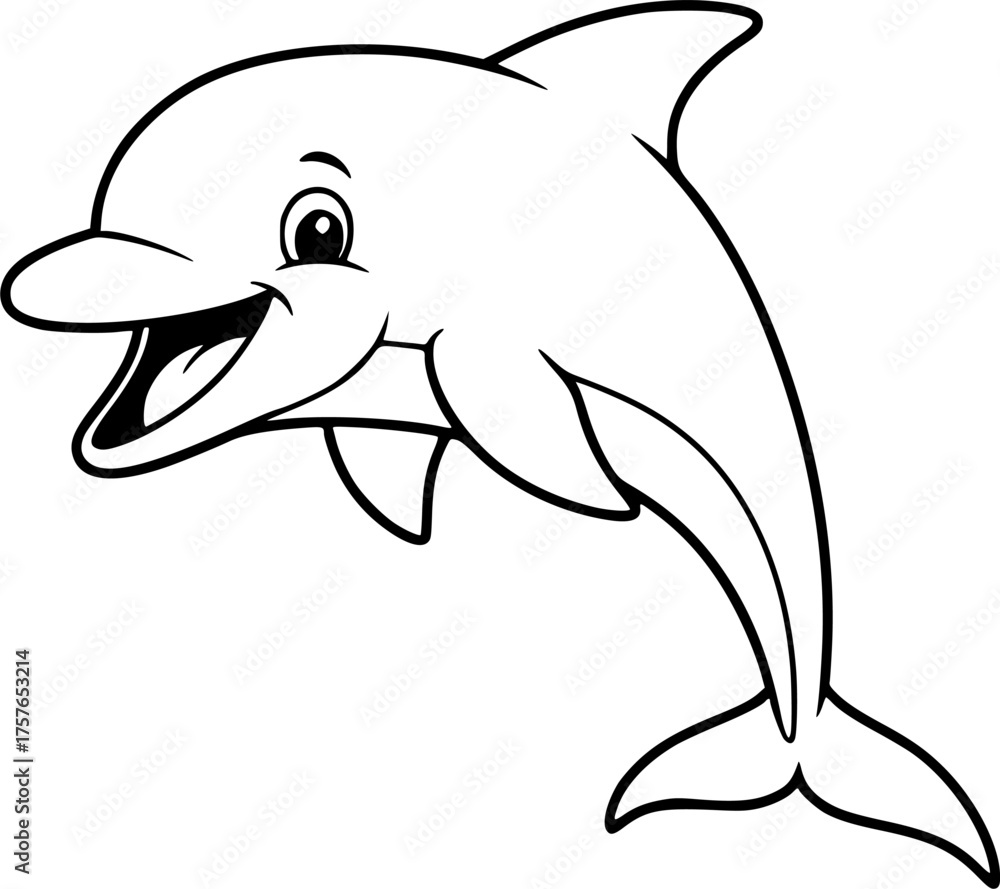 Fototapeta premium Happy cartoon dolphin illustration black and white line art 