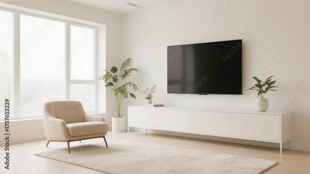 Fototapeta premium A modern living room featuring a large window, flat-screen TV, comfortable armchair, and decorative plants in a minimalist setting.