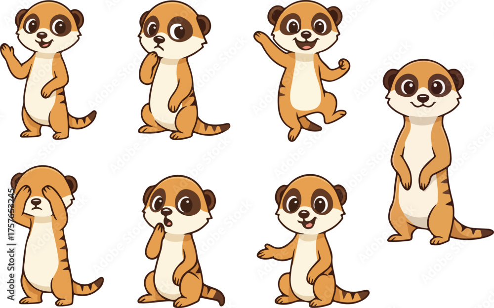 Fototapeta premium vector illustration of meerkat funny cute cartoon mascot character cartoon with 7 poses 