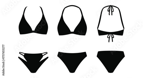 Collection of black bikini tops and bottoms displayed in a clean silhouette style on a white background