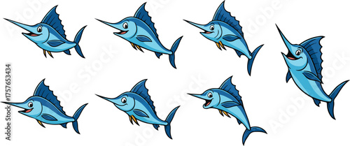 vector illustration of marlin fish funny cute cartoon mascot character cartoon with 7 poses 