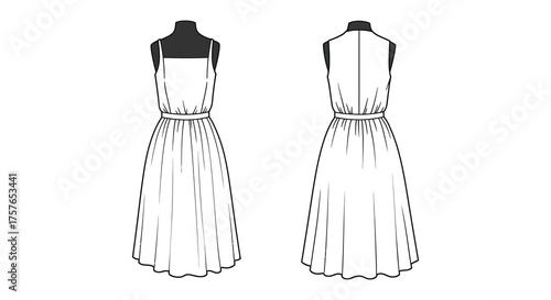 Fashion illustration of a long flowing sleeveless dress shown from front and back on a mannequin silhouette