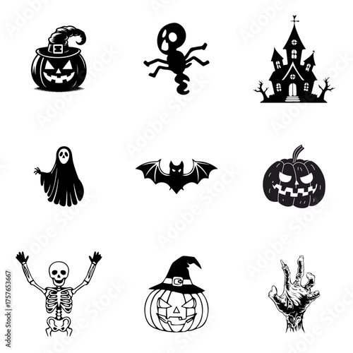 set of Halloween vector design, halloween, pumpkin, vector, cartoon, set, bat, illustration, ghost, icon, holiday, cat, autumn, witch, monster, hat, spooky, horror, spider, black, scary, design