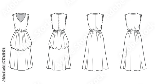 Fashion design technical drawing of a sleeveless v neck maxi dress with a tiered skirt and waistband silhouette