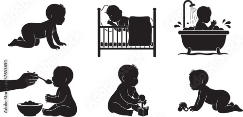 Baby development stages silhouette collection crawling sleeping bathing eating playing growing vector