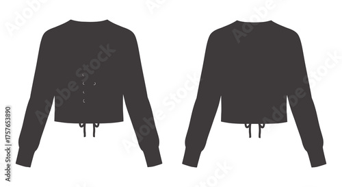 Front and back view of a dark grey cropped long sleeve cardigan with drawstring hem silhouette
