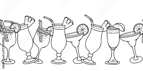 Seamless border of tropical cocktail glasses with fruits and straw. Aperol Spritz, Margarita, Bellini and Pina Colada. Hand drawn Summer party doodle vector for bar, menu, drink pattern or decoration.
