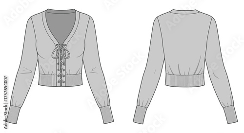 Front and back view of a light gray long sleeve cropped cardigan with a v neck and lace up detail silhouette