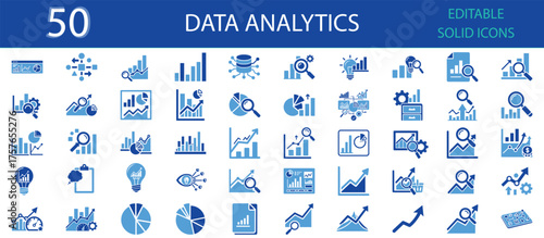 Data analytics solid fill icons set of 50 vector symbols for charts, graphs, reports, insights, research, growth, and business intelligence. Editable blue solid glyph icons for analytical design use